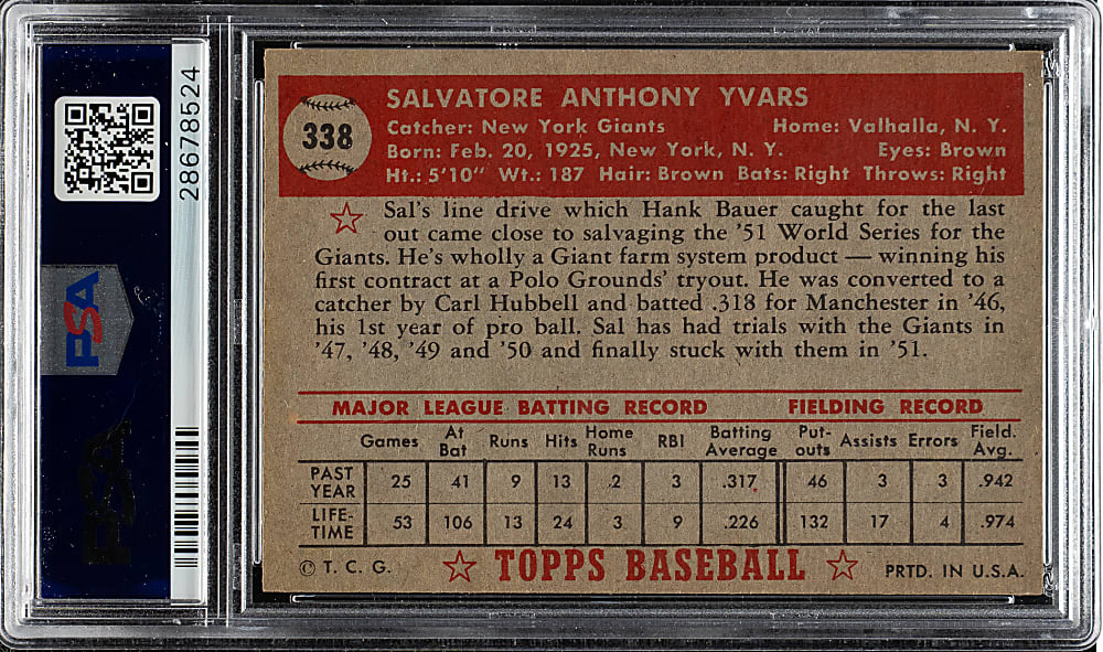 1952 Topps #338 Sal Yvars High Number PSA NM-MT 8