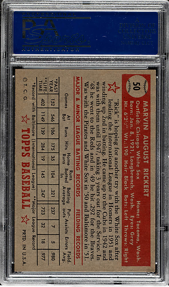 1952 Topps #50 Marv Rickert PSA NM-MT 8