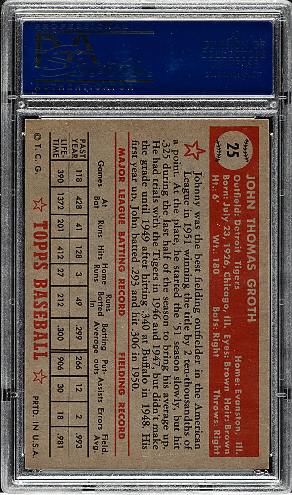 1952 Topps #25 Johnny Groth PSA NM-MT 8