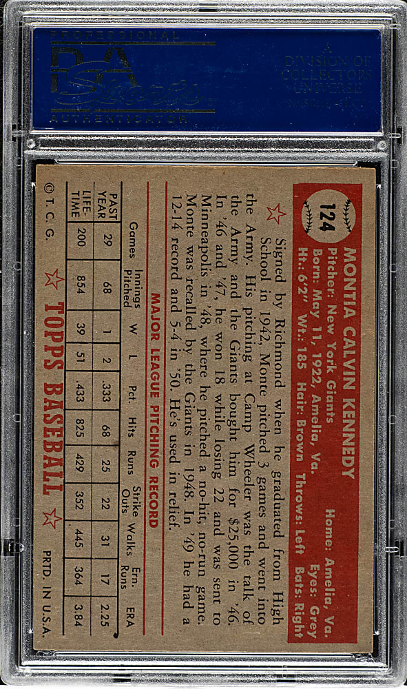 1952 Topps #124 Monte Kennedy PSA NM-MT 8