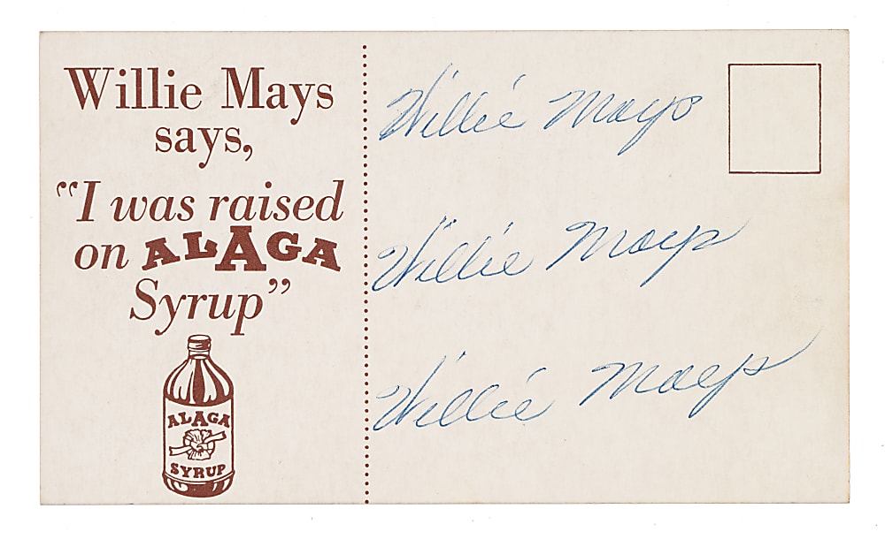 Extremely Rare 1954 Alaga Syrup Promotional Postcard Willie Mays