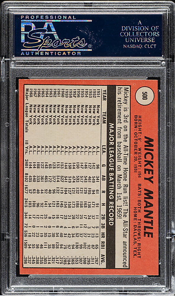 1969 Topps #500 Mickey Mantle PSA NM 7
