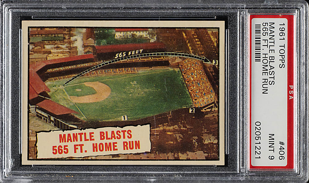 1961 Topps #406 Mantle Blasts 565 Ft. Home Run PSA MINT 9