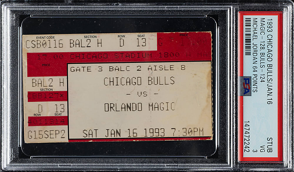 January 16, 1993 Chicago Bulls (vs. Orlando Magic) Ticket Stub PSA VG 3 - Michael Jordan 64 Points and Shaq Rookie Season
