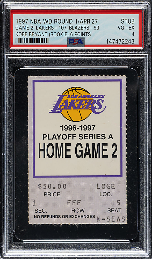 April 27, 1997 Los Angeles Lakers (vs. Portland Trail Blazers) Western Conference First Round Game 2 Ticket Stub PSA VG-EX 4 - Kobe Bryant Rookie Season and Playoff Game #2 - 1 of 3 - Highest Graded!