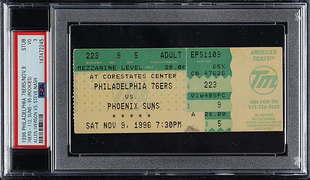 November 9, 1996 Philadelphia 76ers (vs. Phoenix Suns) Ticket Stub PSA VG 3 - Steve Nash and Allen Iverson Rookie Season - The ONLY Graded Example!