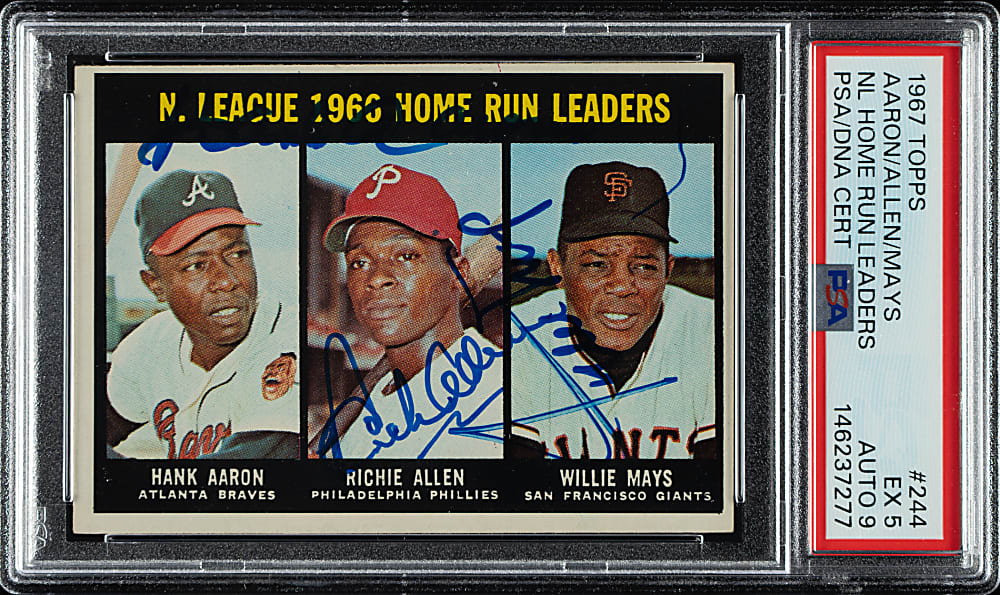 Signed 1967 Topps #244 NL Home Run Leaders with Hank Aaron, Richie Allen, and Willie Mays PSA EX 5 with MINT 9 Signature