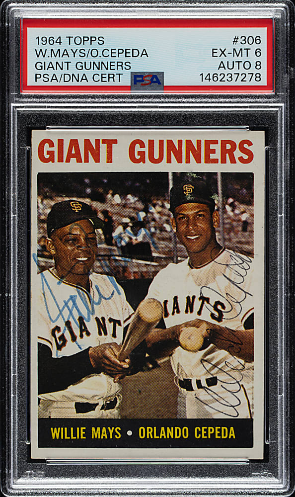 Signed 1964 Topps #306 Giant Gunners with Willie Mays and Orlando Cepeda PSA EX-MT 6 with NM-MT 8 Signature