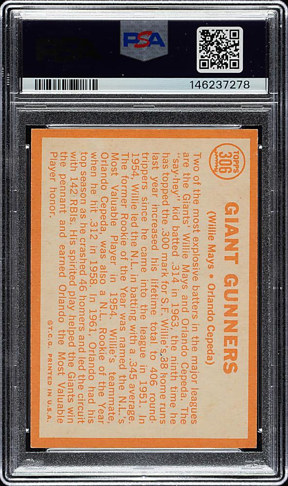 Signed 1964 Topps #306 Giant Gunners with Willie Mays and Orlando Cepeda PSA EX-MT 6 with NM-MT 8 Signature