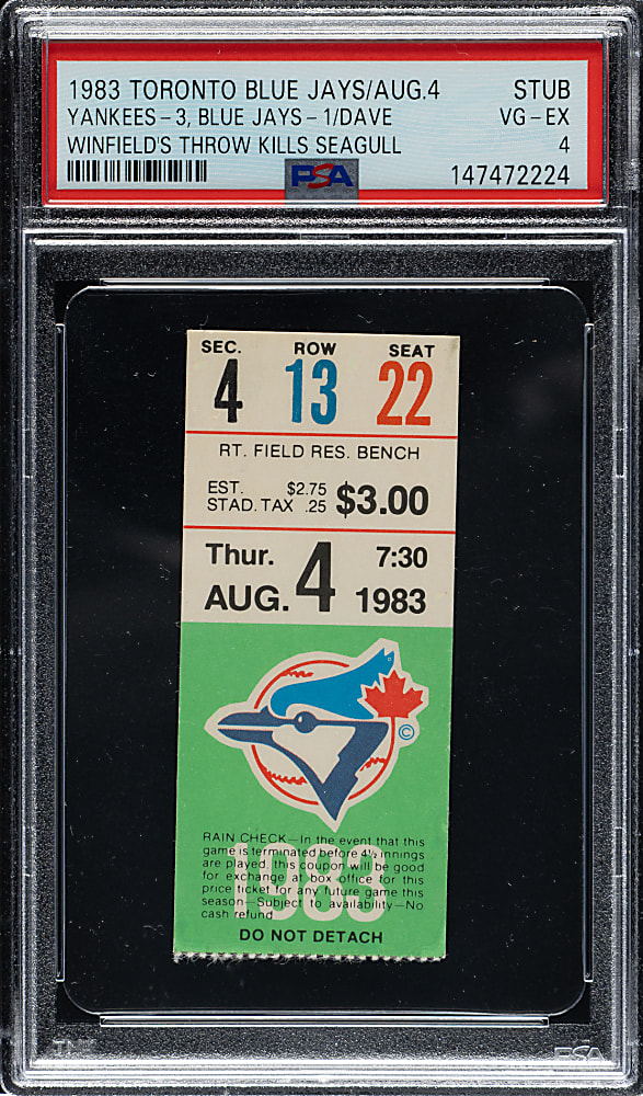 August 4, 1983 Toronto Blue Jays (vs. New York Yankees) Ticket Stub PSA VG-EX 4 - Dave Winfield Throw Kills Seagull - 1 of 1 - Highest Graded!