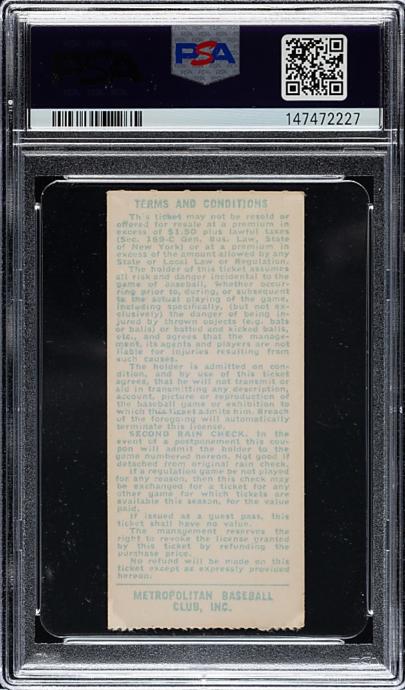August 29, 1973 New York Mets (vs. San Diego Padres) Ticket Stub PSA EX-MT 6 - Willie Mays Last Hit and Last RBI - 1 of 1 - Highest Graded!