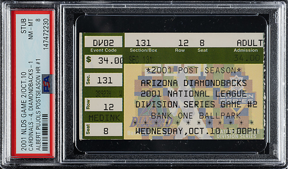 2001 NLDS Game 2 Arizona Diamondbacks (vs. St. Louis Cardinals) Ticket Stub PSA NM-MT 8 - Albert Pujols First Career Postseason Home Run - 1 of 1 - Highest Graded!
