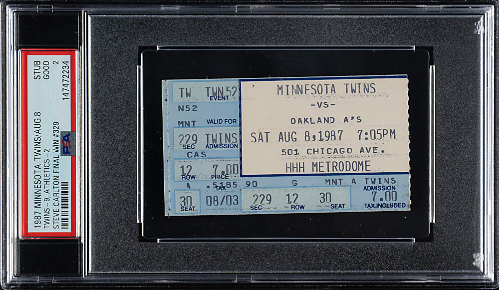 August 8, 1987 Minnesota Twins (vs. Oakland Athletics) Ticket Stub PSA GOOD 2 - Steve Carlton Final Win #329 - 1 of 1 - Highest Graded!