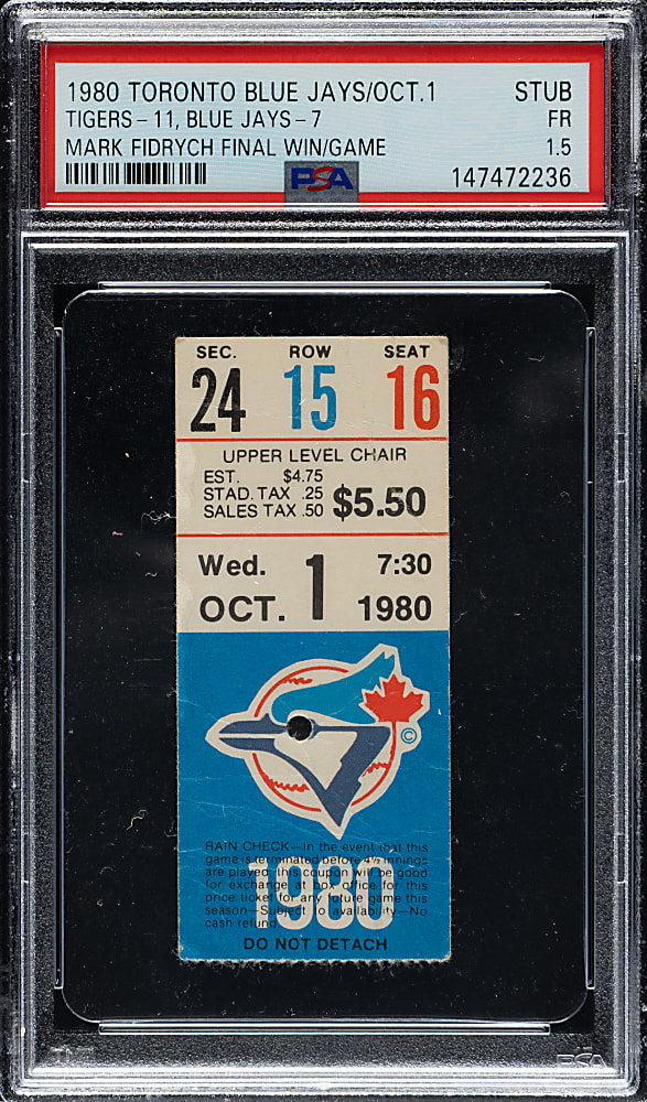 October 1, 1980 Toronto Blue Jays (vs. Detroit Tigers) Ticket Stub PSA FAIR 1.5 - Mark Fidrych Final Game and Win - 1 of 1 - Highest Graded!