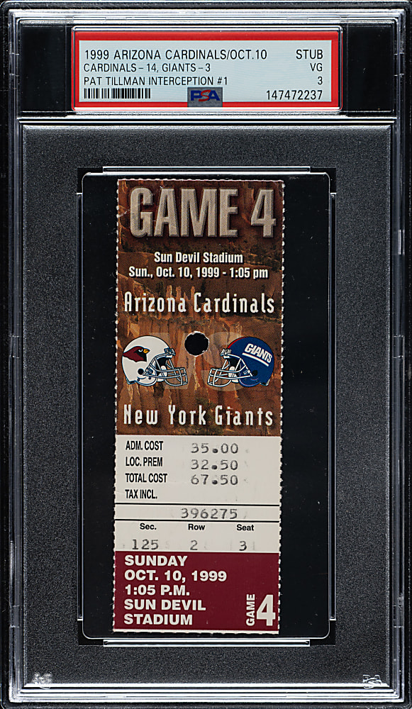 October 10, 1999 Arizona Cardinals (vs. New York Giants) Ticket Stub PSA VG 3 - Pat Tillman First Interception - The ONLY Graded Example!