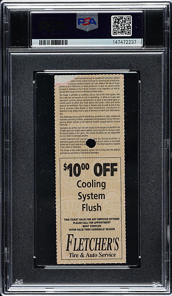 October 10, 1999 Arizona Cardinals (vs. New York Giants) Ticket Stub PSA VG 3 - Pat Tillman First Interception - The ONLY Graded Example!
