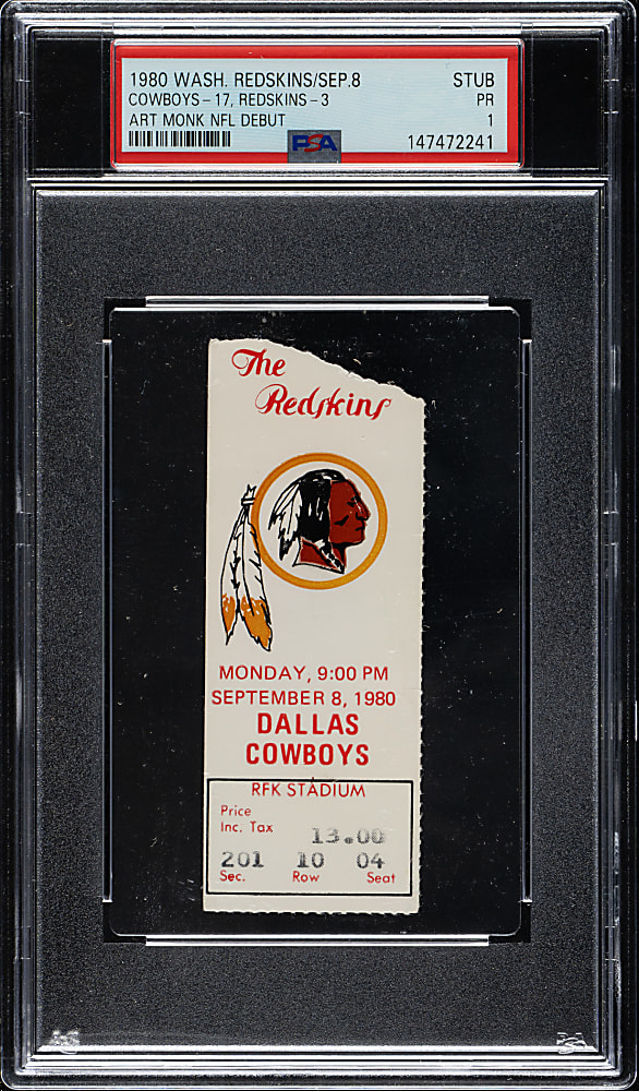 September 8, 1980 Washington Redskins (vs. Dallas Cowboys) Ticket Stub PSA POOR 1 - Art Monk NFL Debut