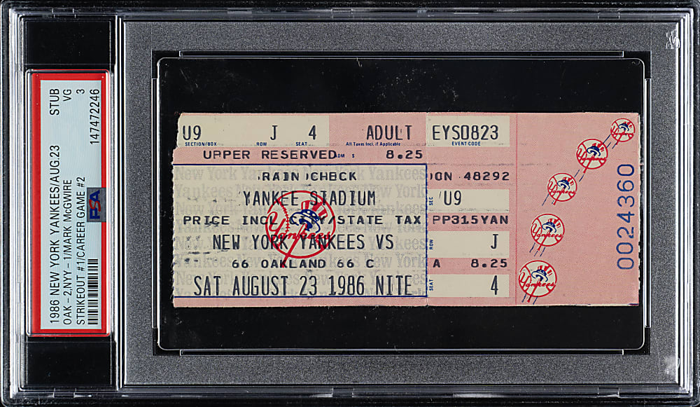 August 23, 1986 New York Yankees (vs. Oakland Athletics) Ticket Stub PSA VG 3 - Mark McGwire First Career Strikeout and Second Career Game - 1 of 2 - Highest Graded!