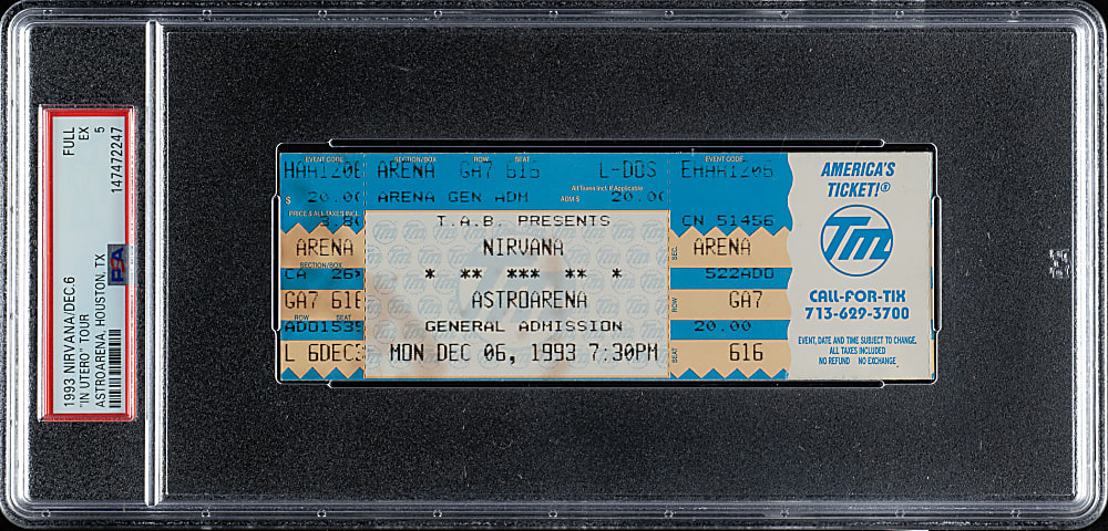 December 6, 1993 Nirvana Full Ticket PSA EX 5 - "In Utero" Tour