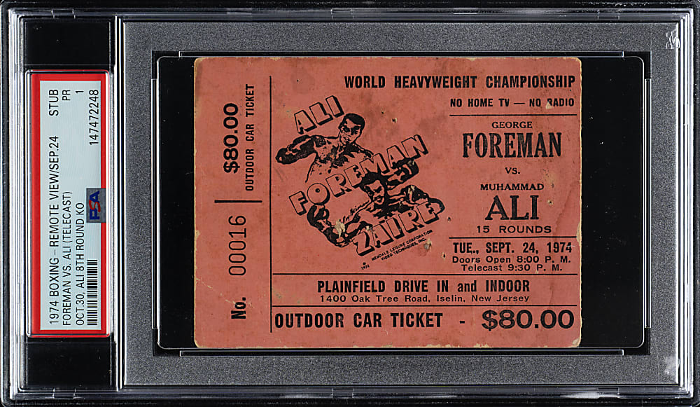 October 30, 1974 George Foreman vs. Muhammad Ali Boxing Ticket Stub PSA POOR 1 - Ali Eighth Round Knockout