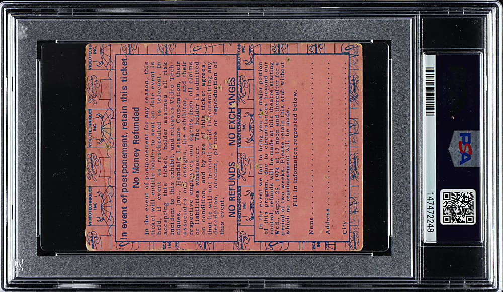October 30, 1974 George Foreman vs. Muhammad Ali Boxing Ticket Stub PSA POOR 1 - Ali Eighth Round Knockout