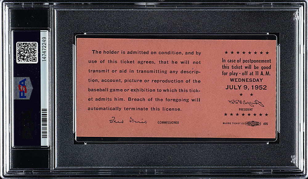 1952 All-Star Game Ticket Stub PSA EX-MT 6 - Jackie Robinson Home Run and Mickey Mantle First All-Star Game