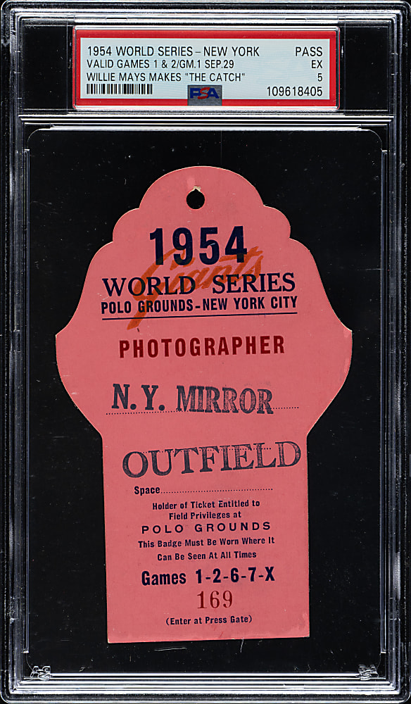 1954 New York Giants (vs. Cleveland Indians) World Series Game 1 & 2 Press Pass PSA EX 5 - Willie Mays Makes "The Catch"