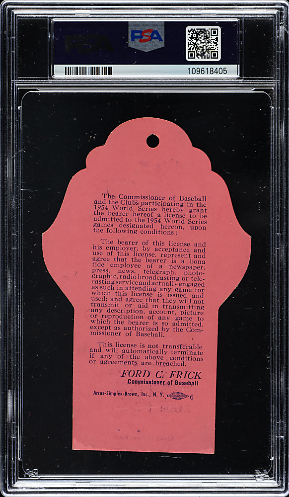 1954 New York Giants (vs. Cleveland Indians) World Series Game 1 & 2 Press Pass PSA EX 5 - Willie Mays Makes "The Catch"