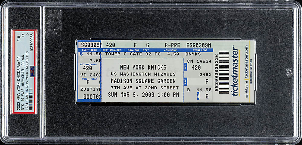March 9, 2003 New York Knicks (vs. Washington Wizards) Full Ticket PSA EX 5 - Michael Jordan Last Game in New York and 39 Points