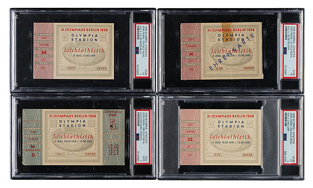 1936 Berlin Summer Olympic PSA-Graded Full Ticket and Ticket Stub Collection (4) - All Four Jesse Owens Gold Medals