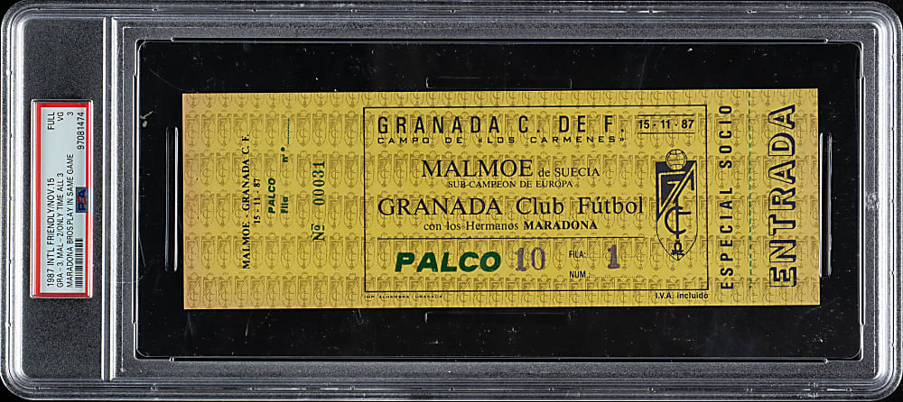 November 15, 1987 International Friendly Granada CF (vs. Malmö FF) Full Ticket PSA VG 3 - Only Time All 3 Maradona Brothers Played in Same Game - Highest Graded!