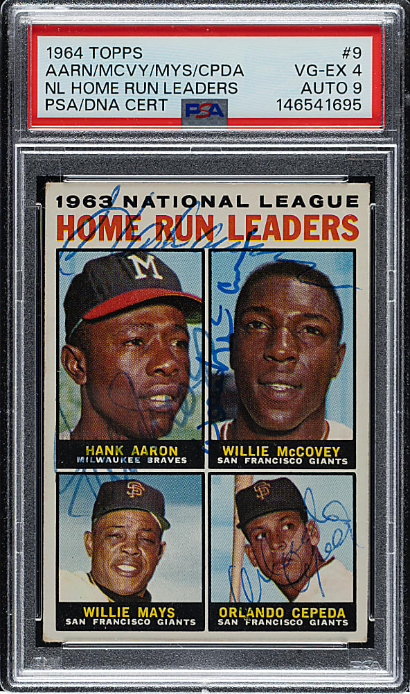 Signed 1964 Topps #9 NL Home Run Leaders with Mays, Aaron, Cepeda, and McCovey PSA VG-EX 4 with MINT 9 Signature