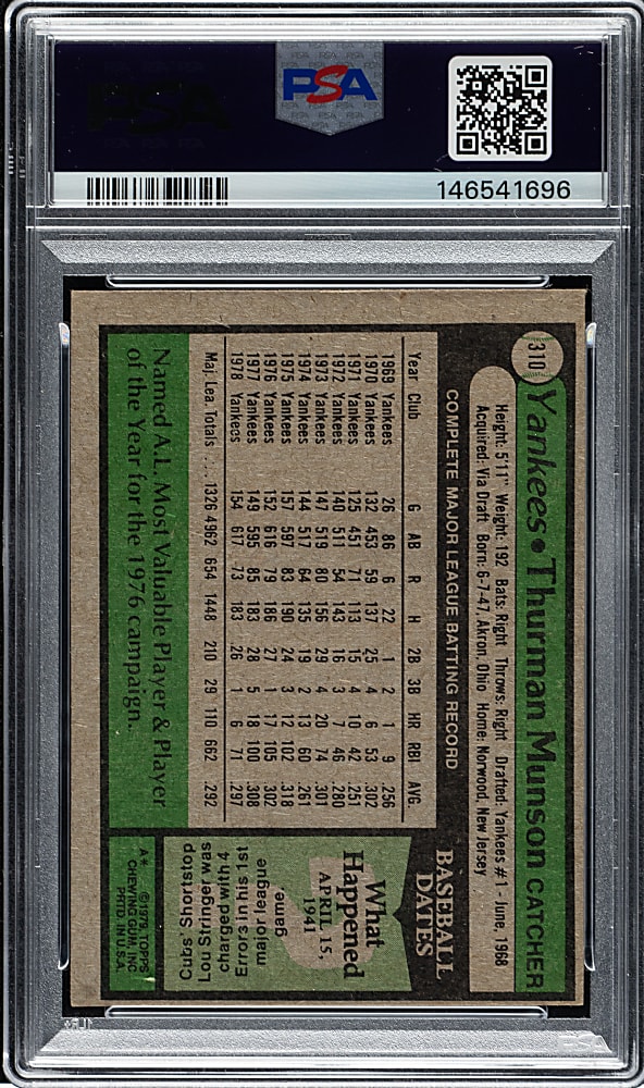 Signed 1979 Topps #310 Thurman Munson PSA NM 7 with NM 7 Signature - 1 of 1 - Highest-Graded Card Example!