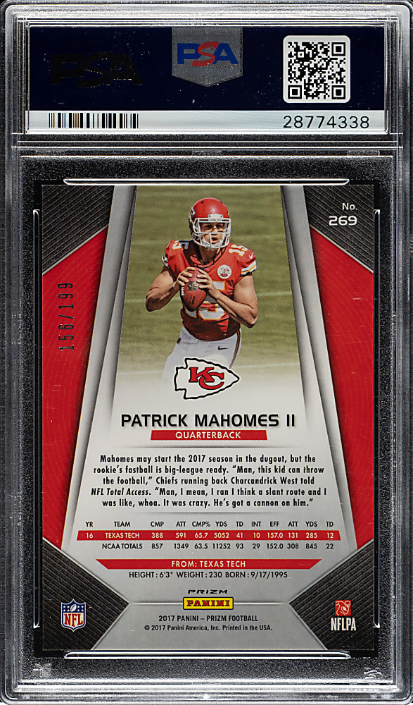 2017 Panini Prizm Football #269 Patrick Mahomes II Rookie Light Blue Prizm #156/199 PSA GEM MINT 10