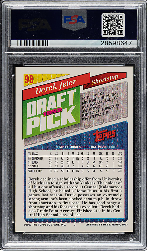 1993 Topps Gold #98 Derek Jeter Rookie PSA GEM MINT 10