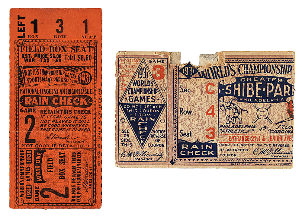 1931 Philadelphia Athletics vs. St. Louis Cardinals World Series Game 2 and 3 Ticket Stub Pair