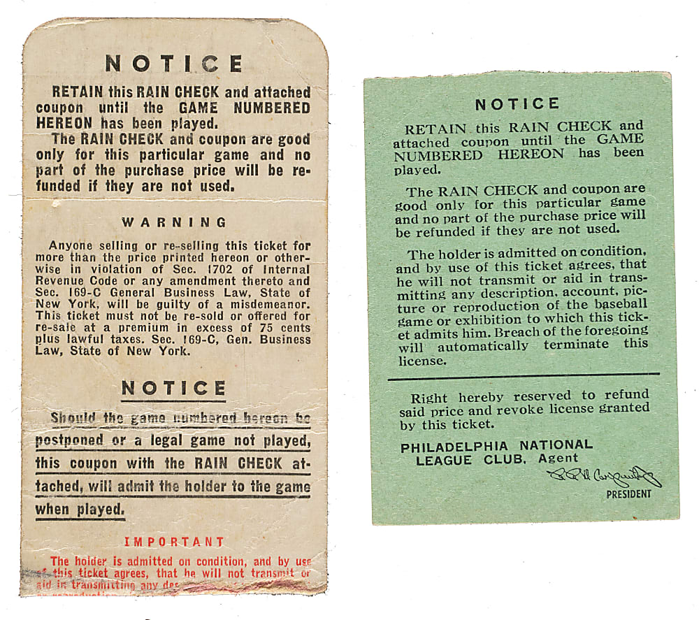 1950 New York Yankees vs. Philadelphia Phillies World Series Game 1 and 3 Ticket Stub Pair