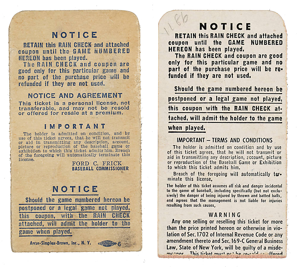 1953 New York Yankees vs. Brooklyn Dodgers World Series Game 1 and 4 Ticket Stub Pair