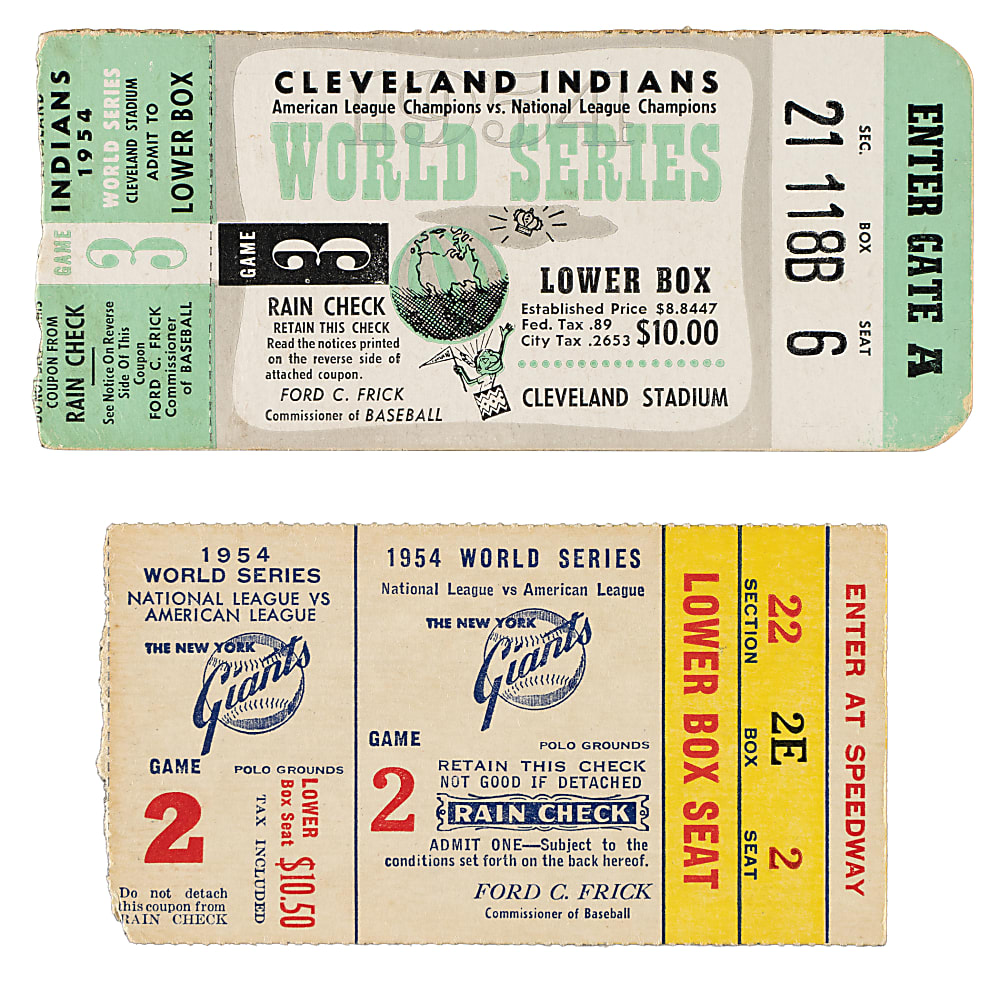 1954 New York Giants vs. Cleveland Indians World Series Game 2 and 3 Ticket Stub Pair