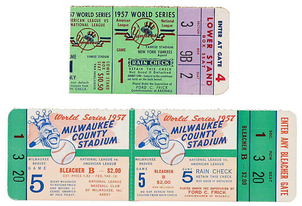 1957 New York Yankees vs. Milwaukee Braves World Series Game 1 and 5 Ticket Stub and Full Ticket Pair