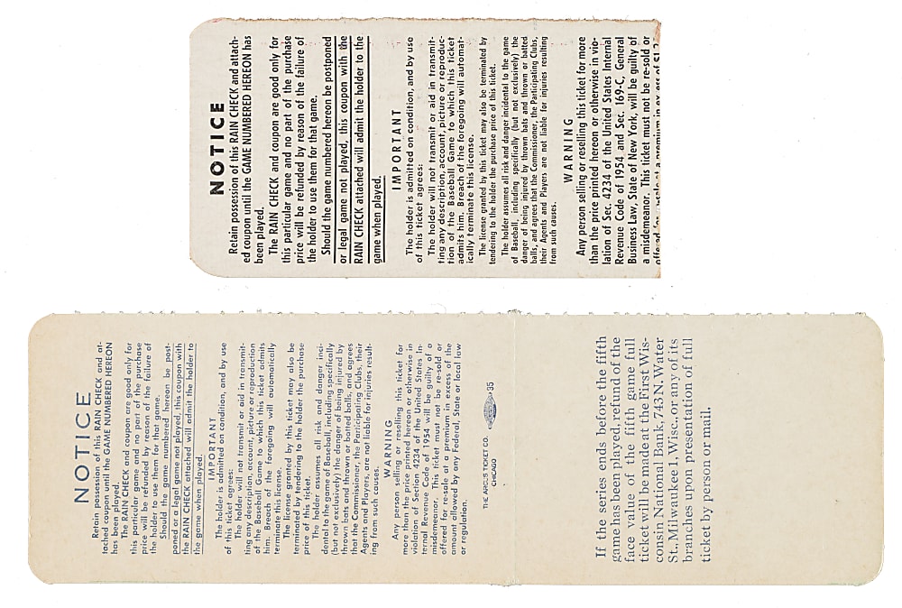 1957 New York Yankees vs. Milwaukee Braves World Series Game 1 and 5 Ticket Stub and Full Ticket Pair