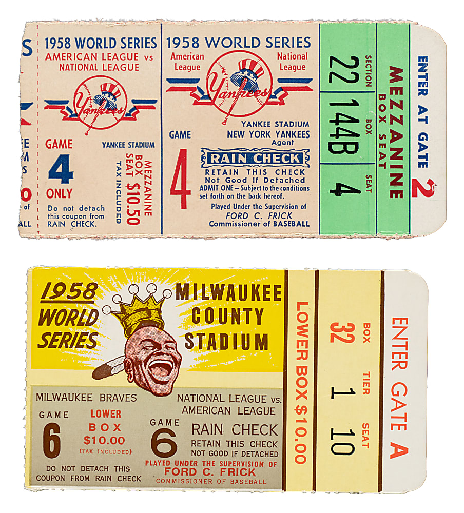 1958 New York Yankees vs. Milwaukee Braves World Series Game 4 and 6 Ticket Stub Pair