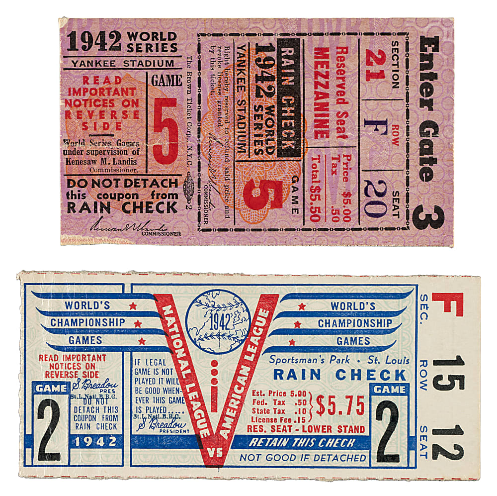 1942 New York Yankees vs. St. Louis Cardinals World Series Game 2 and 5 Ticket Stub Pair
