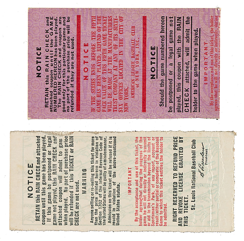 1942 New York Yankees vs. St. Louis Cardinals World Series Game 2 and 5 Ticket Stub Pair