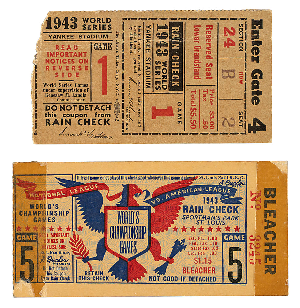 1943 New York Yankees vs. St. Louis Cardinals World Series Game 1 and 5 Ticket Stub Pair
