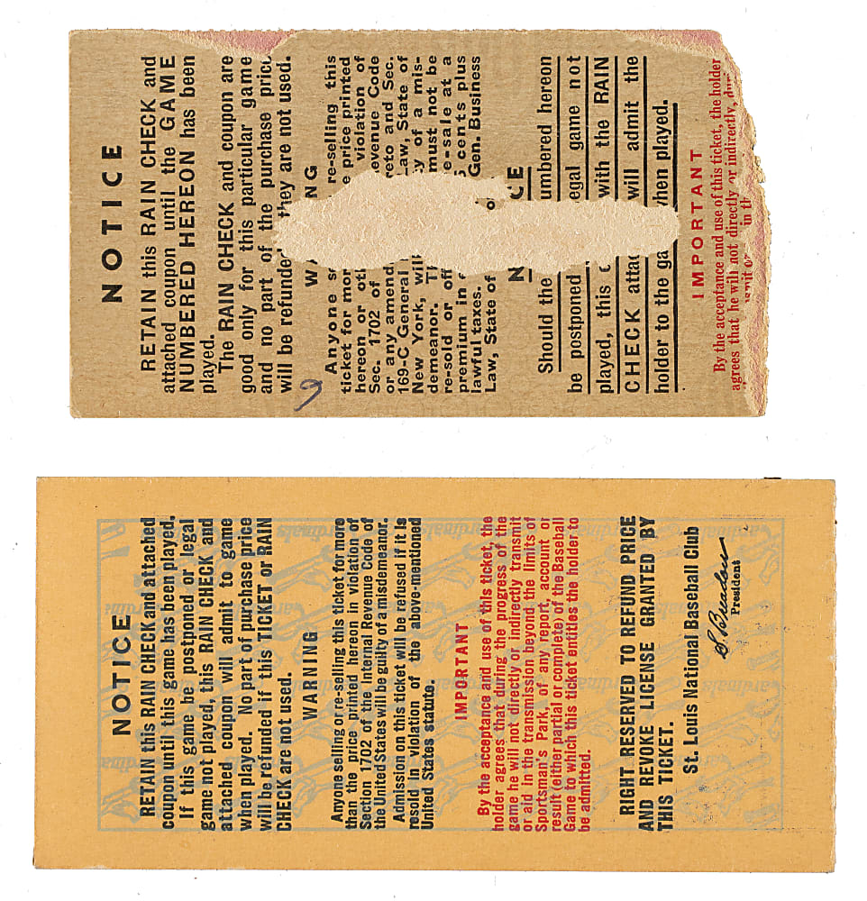 1943 New York Yankees vs. St. Louis Cardinals World Series Game 1 and 5 Ticket Stub Pair