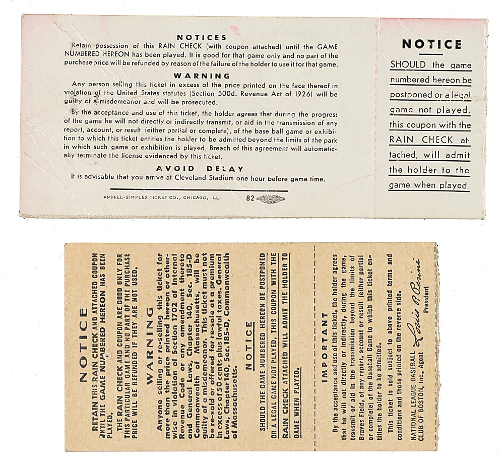 1948 Cleveland Indians vs. Boston Braves World Series Game 2 and 3 Ticket Stub Pair