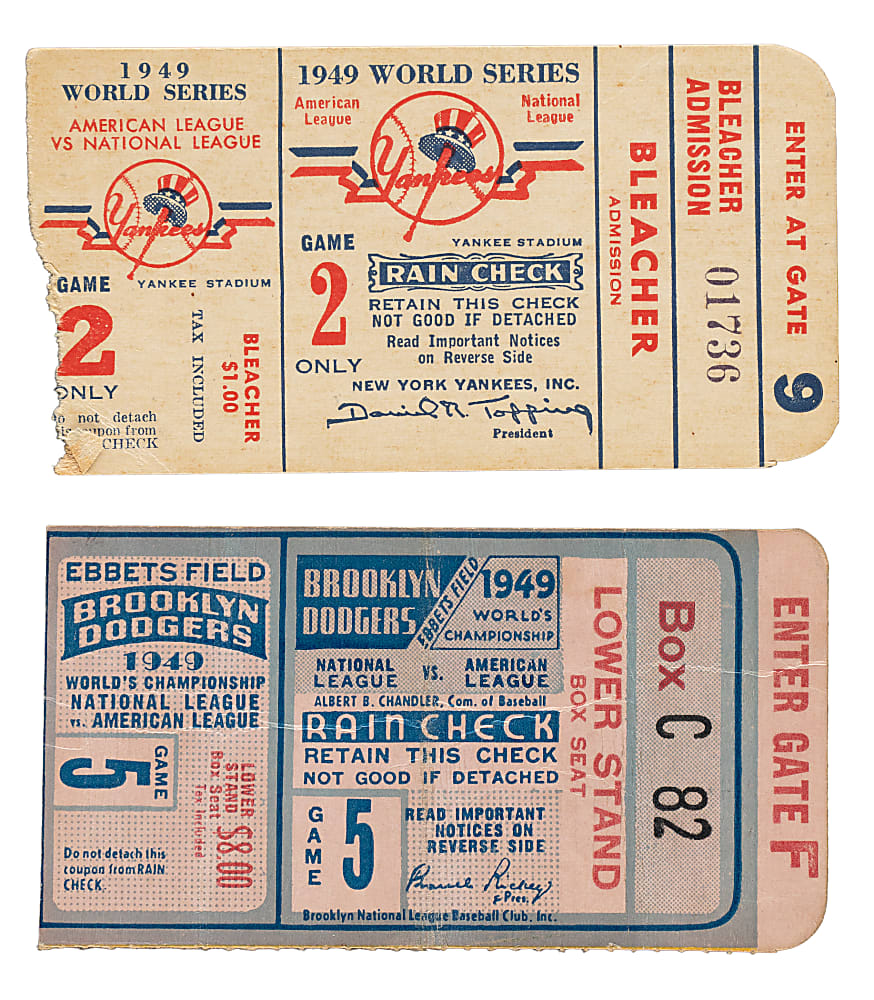 1949 New York Yankees vs. Brooklyn Dodgers World Series Game 2 and 5 Ticket Stub Pair