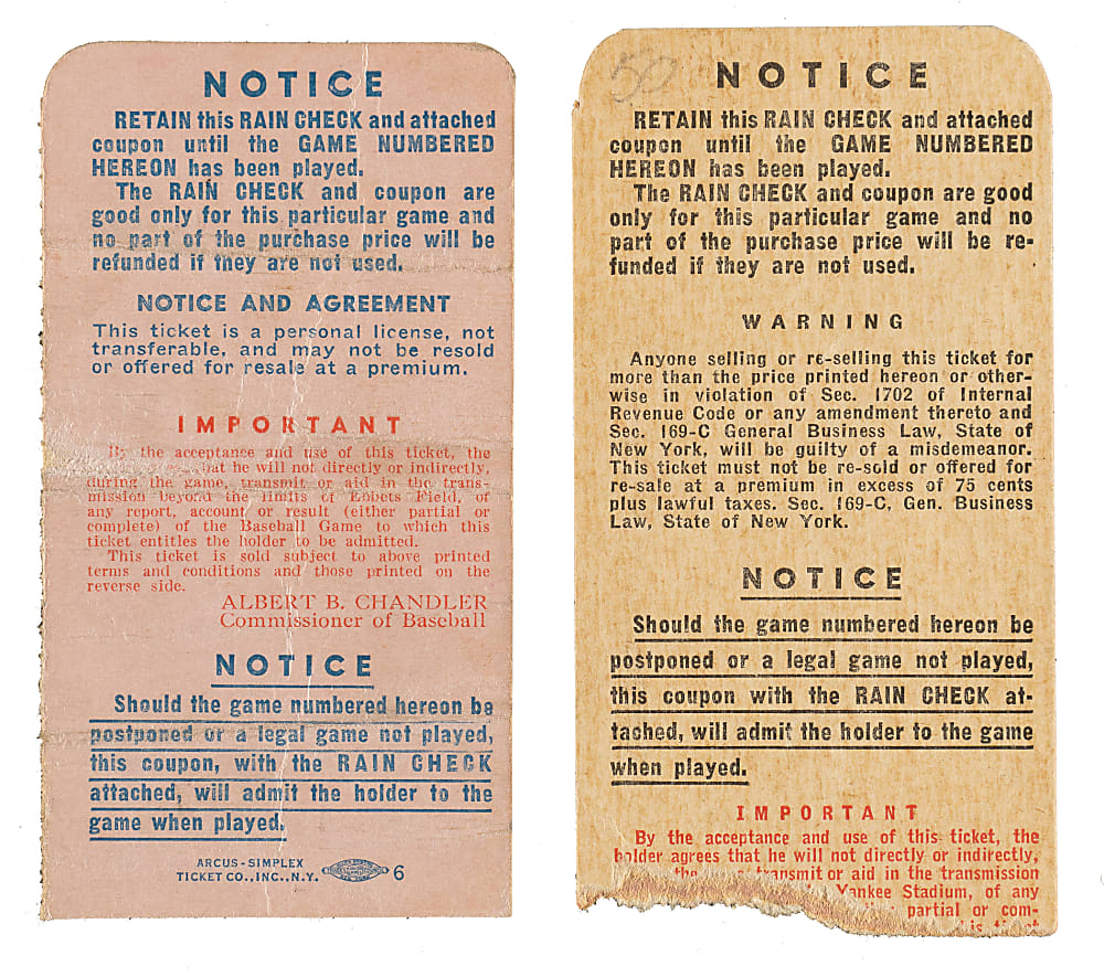 1949 New York Yankees vs. Brooklyn Dodgers World Series Game 2 and 5 Ticket Stub Pair