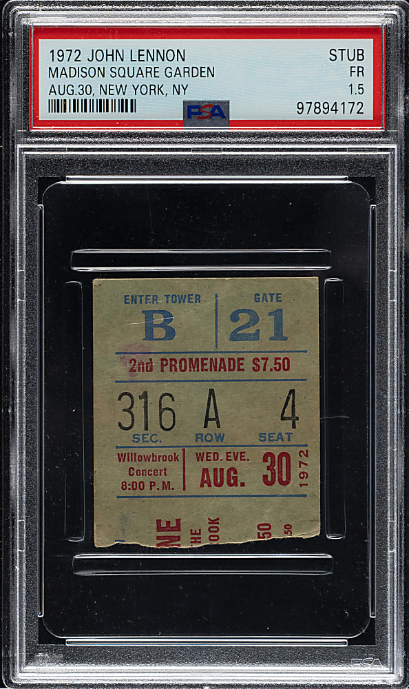 August 30, 1972 John Lennon Madison Square Garden Concert Ticket Stub PSA FAIR 1.5 - Lennon's Final Full Length Concert